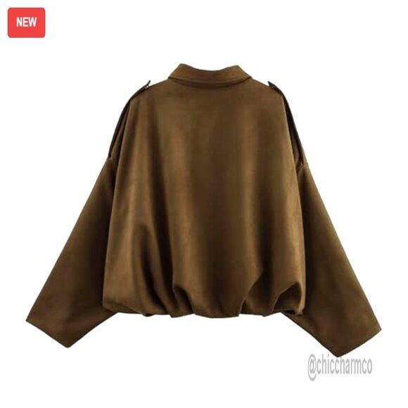 Oversized Faux Suede Bomber Jacket Lapel Streetwear Chic Casual Outerwear - Picture 4 of 7